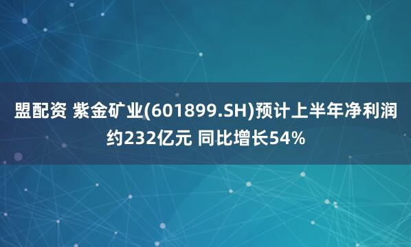 盟配资 紫金矿业(601899.SH)预计上半年净利润约232亿元 同比增长54%